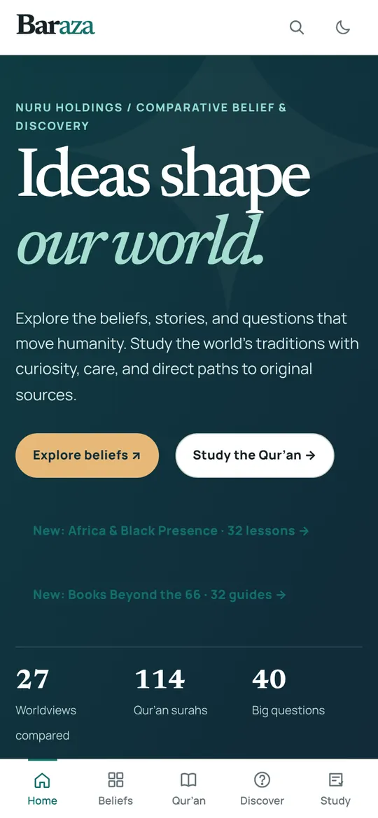 Baraza screen: Home. 27 worldviews, 114 Qur'an surahs and 40 big questions in one place.