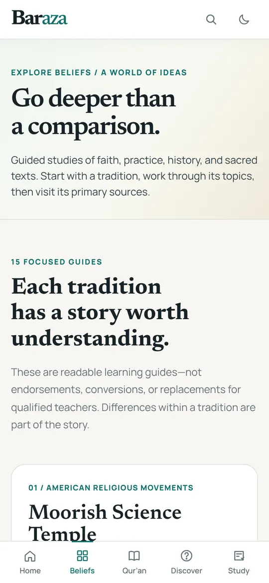 Baraza screen: Belief guides. Guided studies of faith, practice, history and sacred texts.